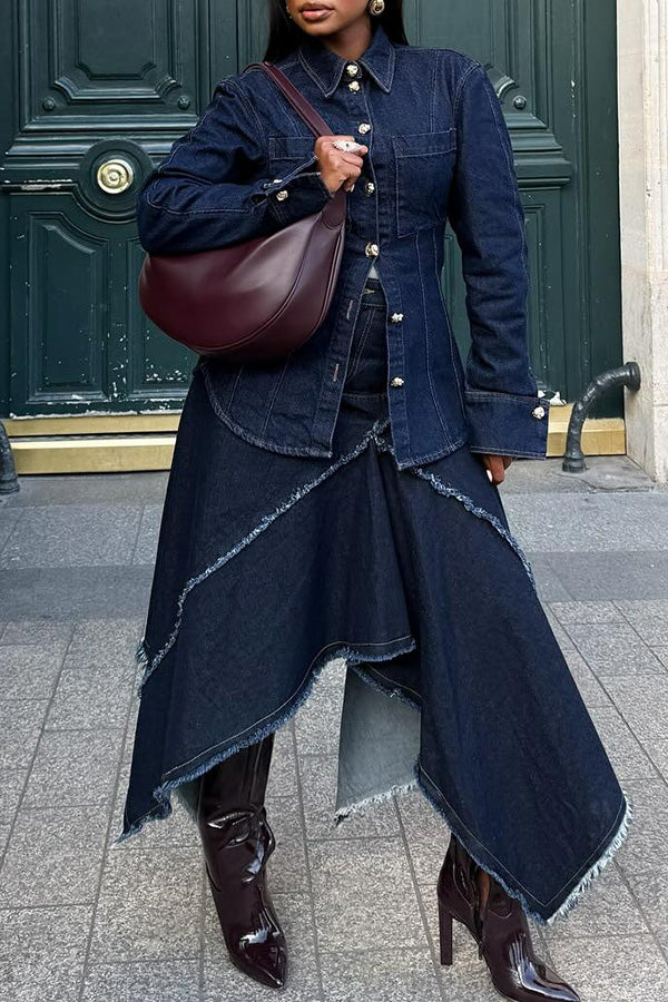 Fashionable Denim Frayed Irregular Skirt Suit