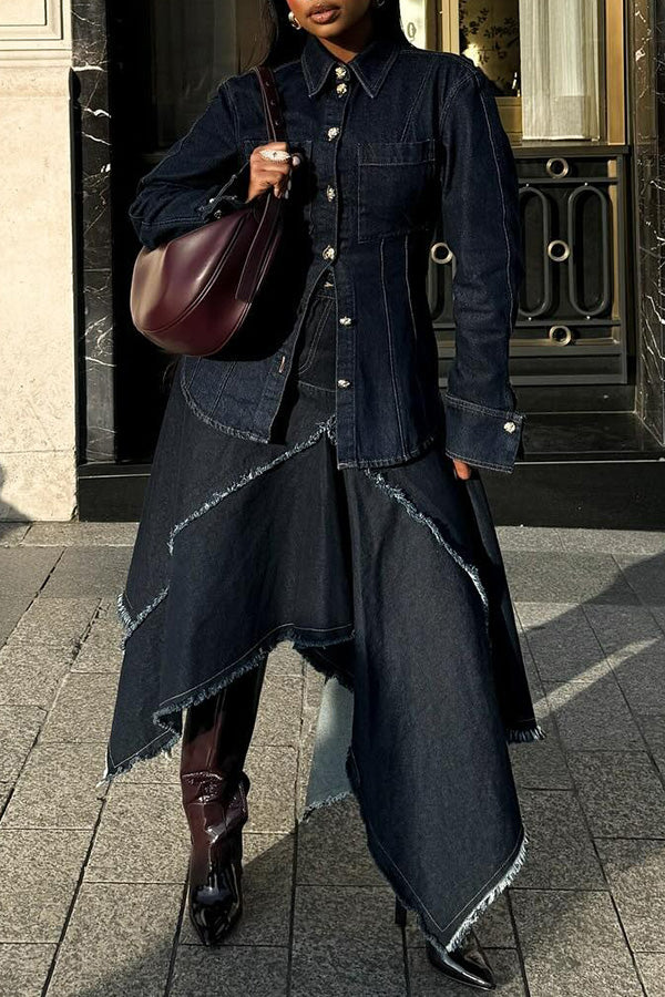 Fashionable Denim Frayed Irregular Skirt Suit
