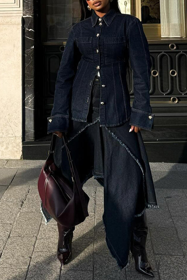 Fashionable Denim Frayed Irregular Skirt Suit