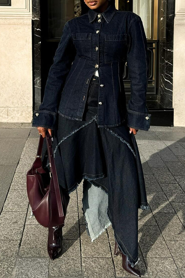 Fashionable Denim Frayed Irregular Skirt Suit