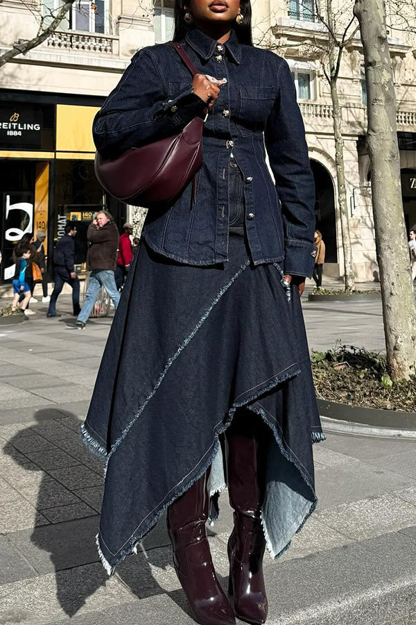 Fashionable Denim Frayed Irregular Skirt Suit