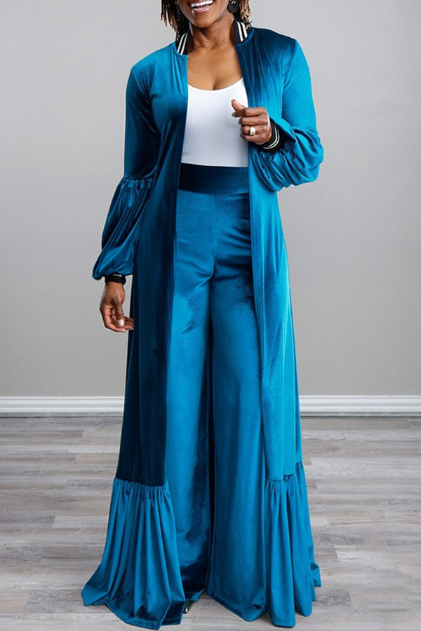 Stylish Velvet Lantern-Sleeve Kimono & Wide-Leg Pants