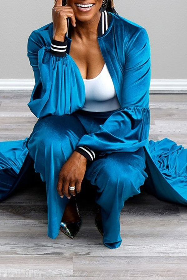 Stylish Velvet Lantern-Sleeve Kimono & Wide-Leg Pants