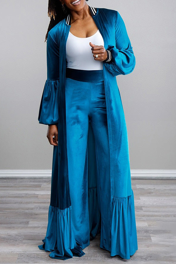 Stylish Velvet Lantern-Sleeve Kimono & Wide-Leg Pants