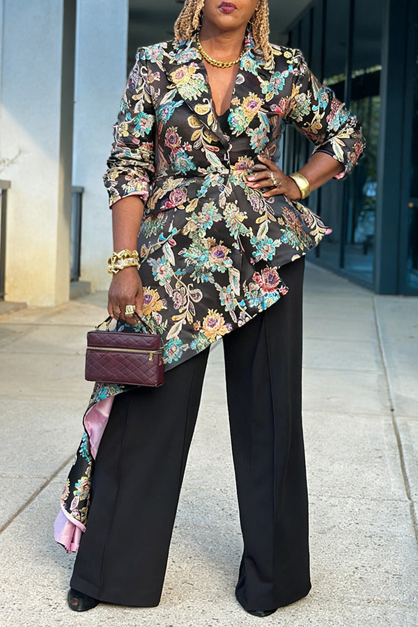 Elegant Asymmetrical Ruffled Floral Blazer