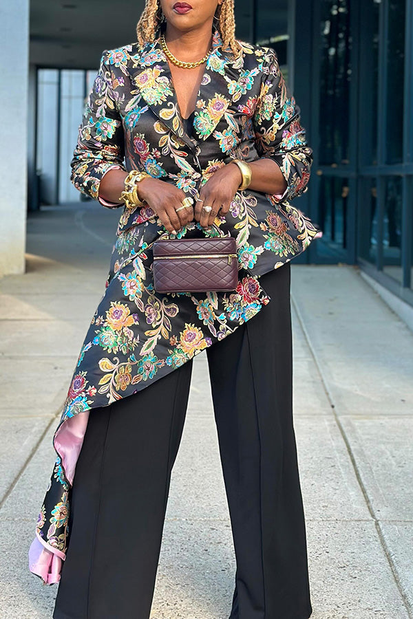 Elegant Asymmetrical Ruffled Floral Blazer