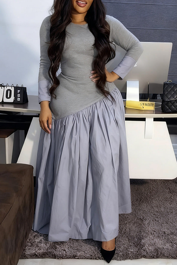 Fashionable Patchwork Pleated A-Line Maxi Dress