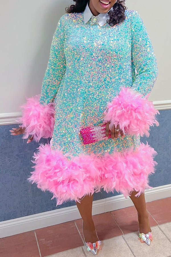 Elegant Feather Trim Sequin Dress