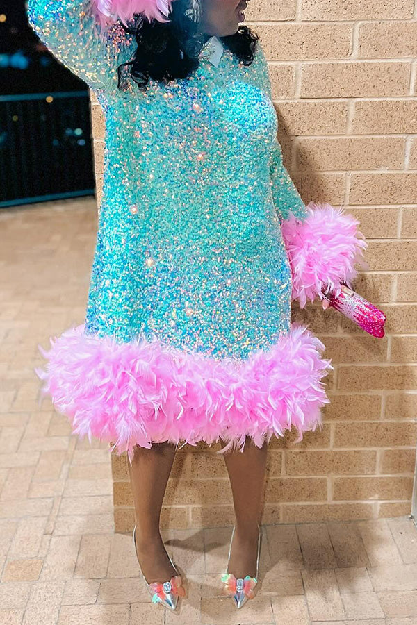 Elegant Feather Trim Sequin Dress