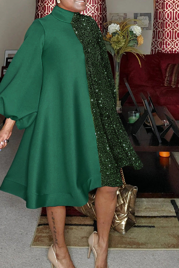 Elegant Sequined Lantern Sleeve Dress
