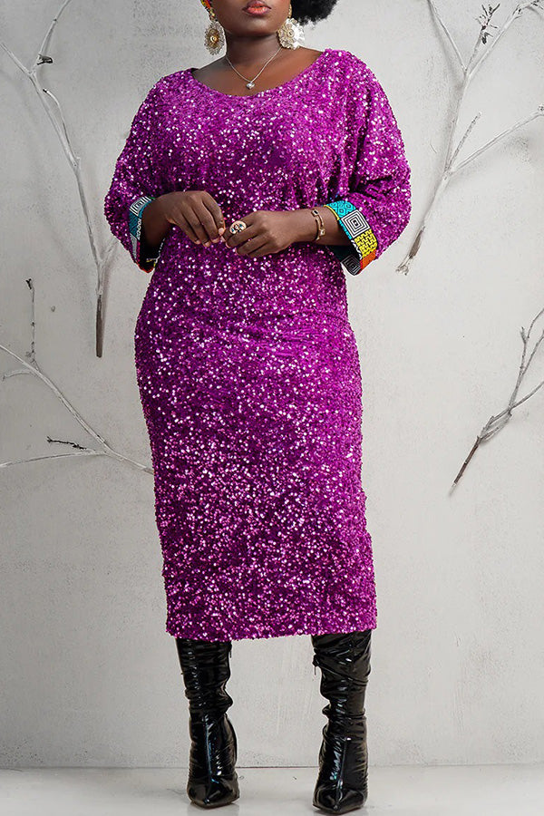 Fashion Print Cuff Sequin Bodycon Dress