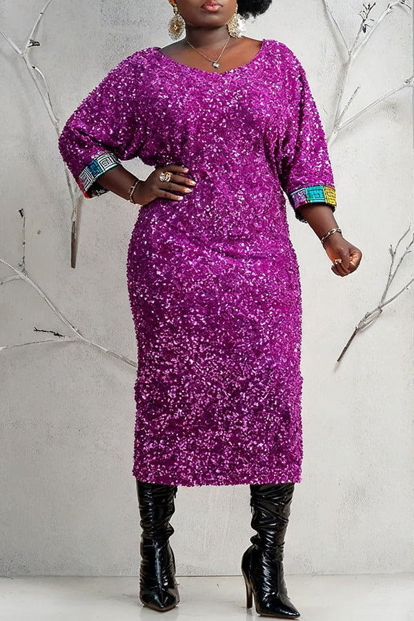 Fashion Print Cuff Sequin Bodycon Dress