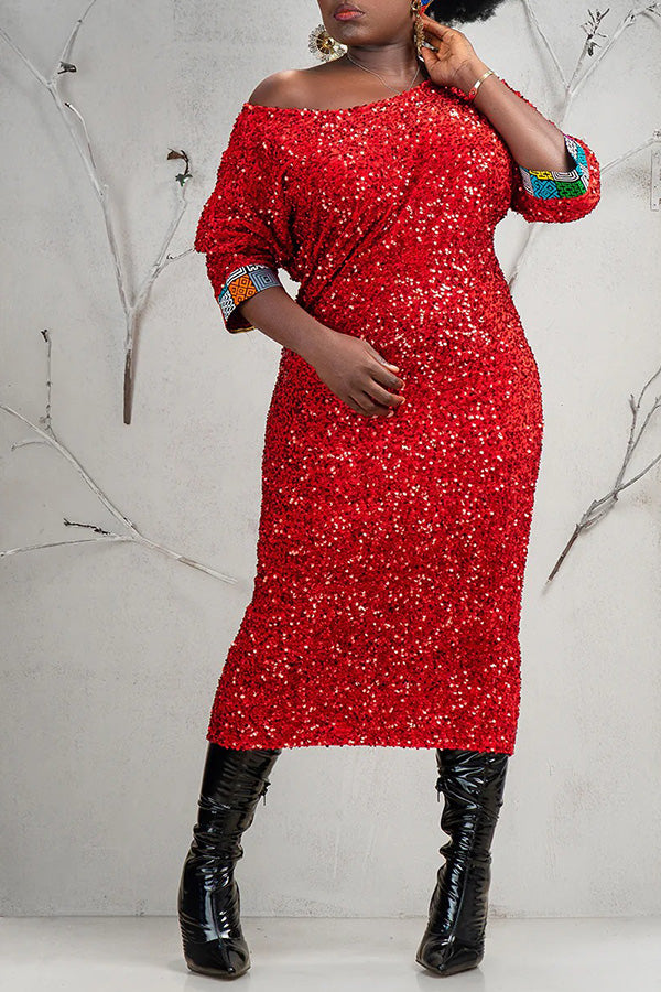Fashion Print Cuff Sequin Bodycon Dress