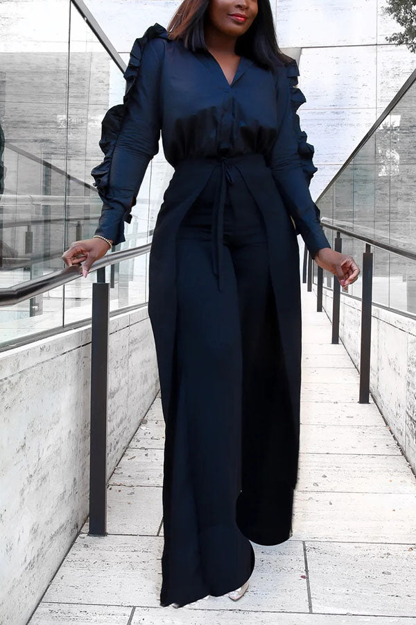 Fashionable Ruffled Blouse & High-Waisted Wrap Wide-Leg Pants