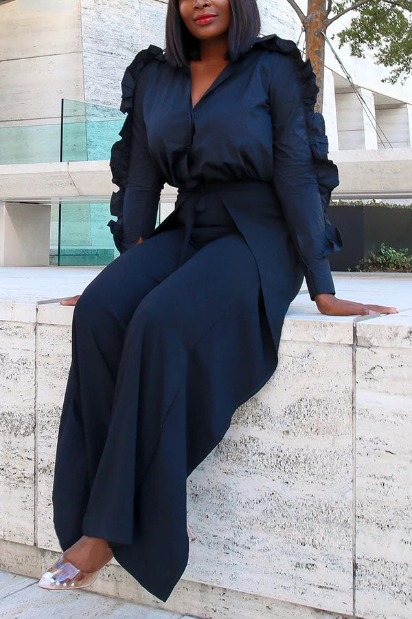 Fashionable Ruffled Blouse & High-Waisted Wrap Wide-Leg Pants