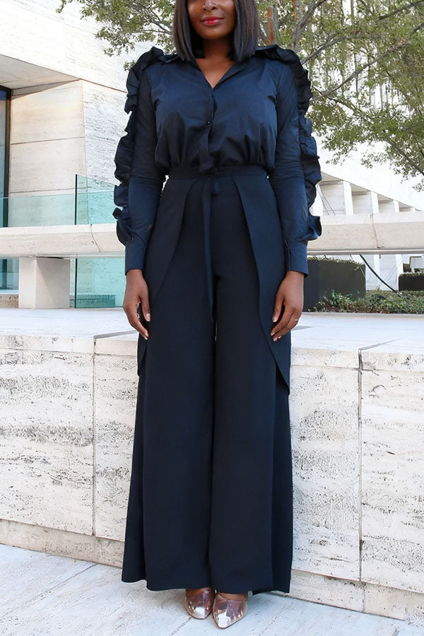 Fashionable Ruffled Blouse & High-Waisted Wrap Wide-Leg Pants