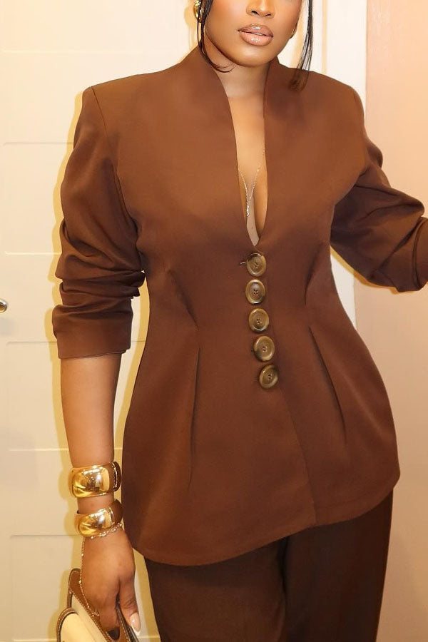 Fashionable Pleated Button-Down Suit