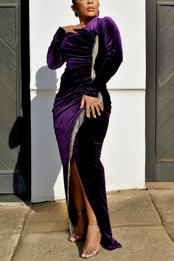 Elegant Rhinestone Fringe Velvet Wrap Dress