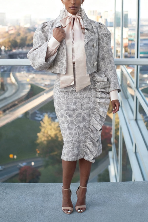 Elegant Cropped Blazer & High-Waisted Ruffled Skirt