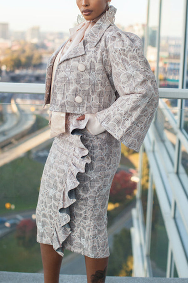 Elegant Cropped Blazer & High-Waisted Ruffled Skirt