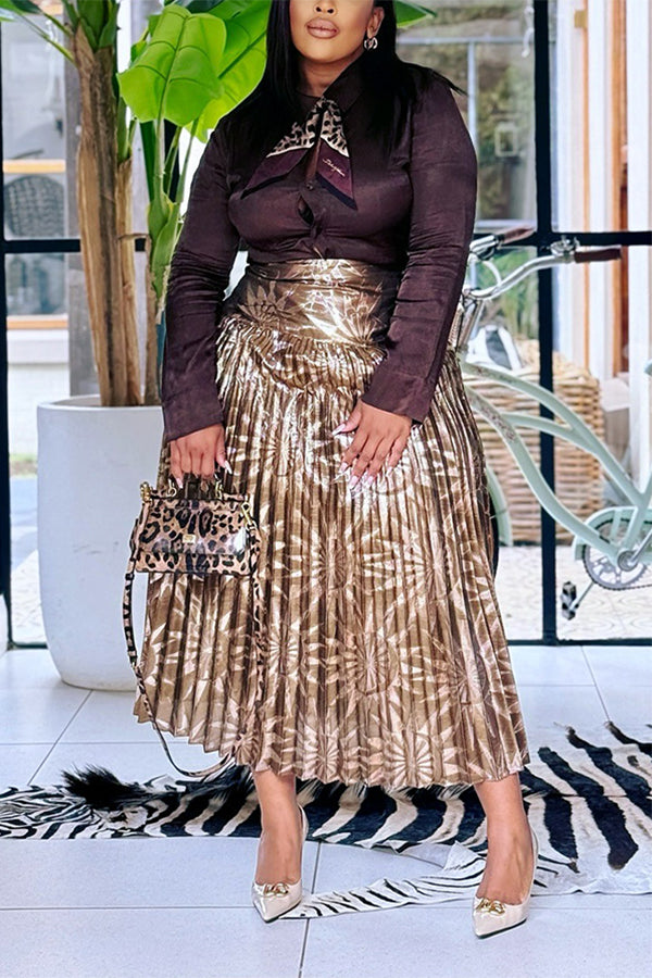 Elegant Long-Sleeved Shirt & Pleated Skirt