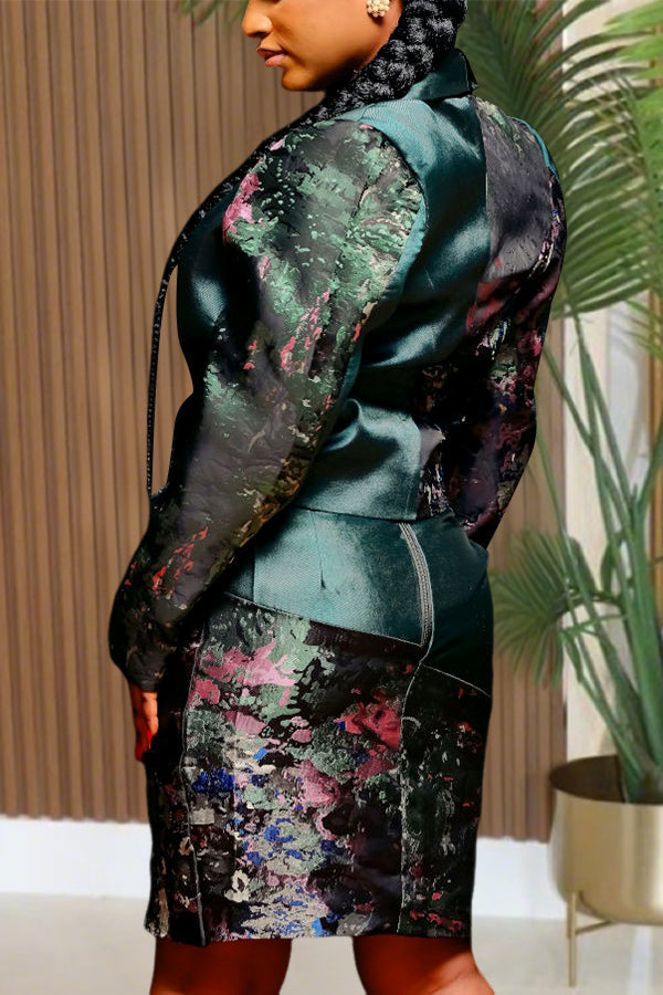 Elegant Patchwork Blazer & High-Waisted Skirt