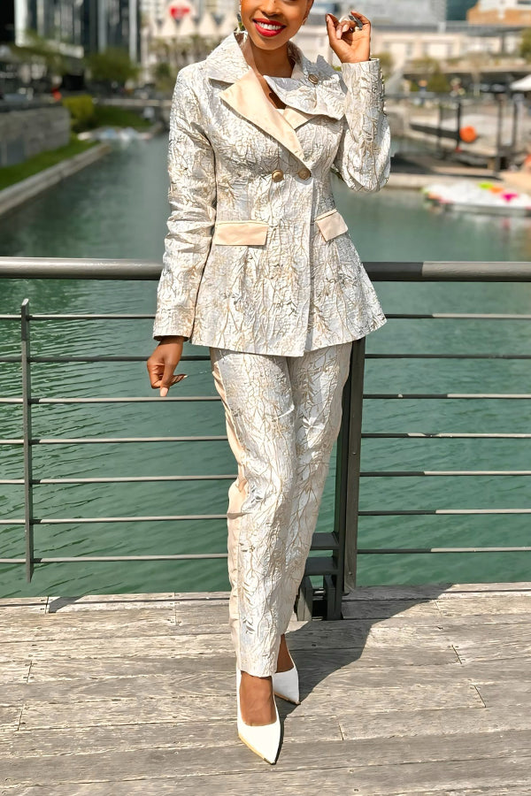 Elegant Flower-Trim Jacquard Blazer Set