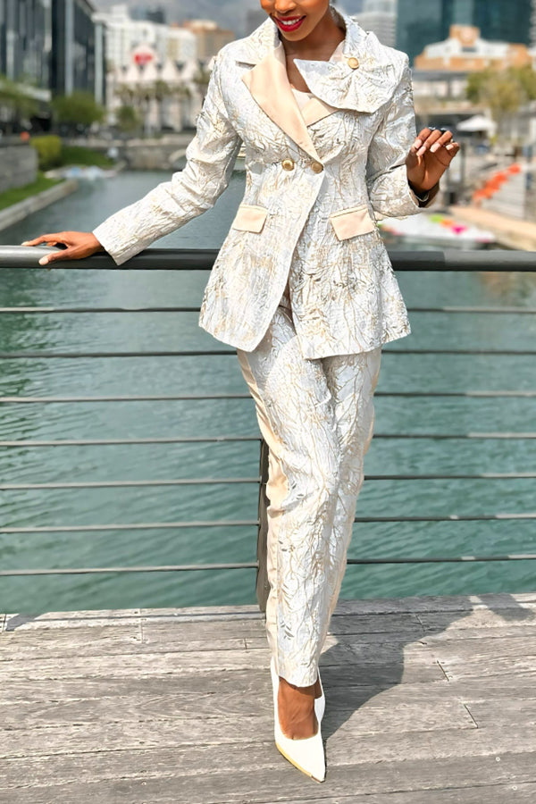 Elegant Flower-Trim Jacquard Blazer Set
