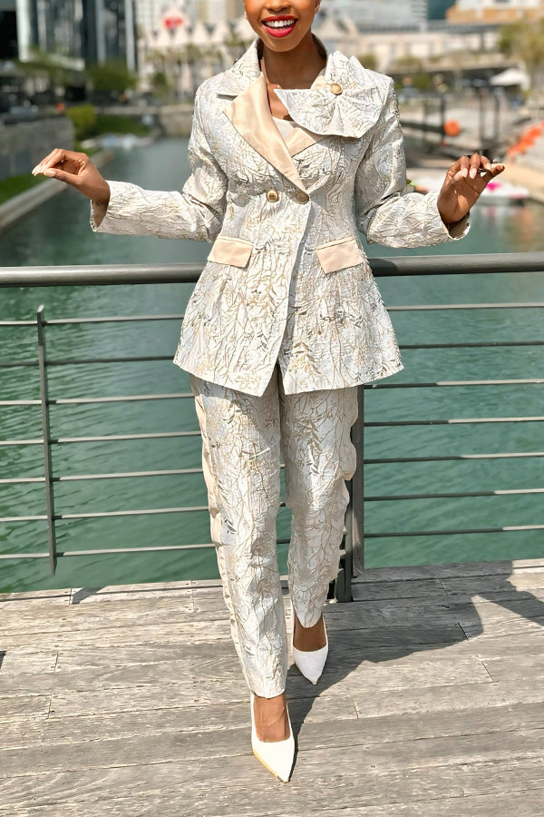 Elegant Flower-Trim Jacquard Blazer Set