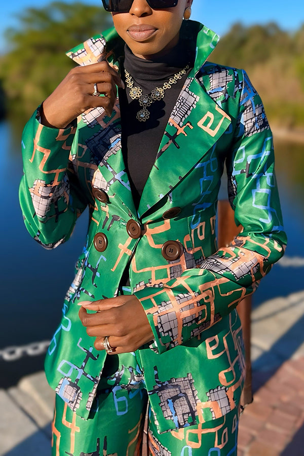 Fashionable Abstract Print Blazer Set