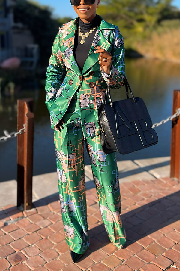 Fashionable Abstract Print Blazer Set