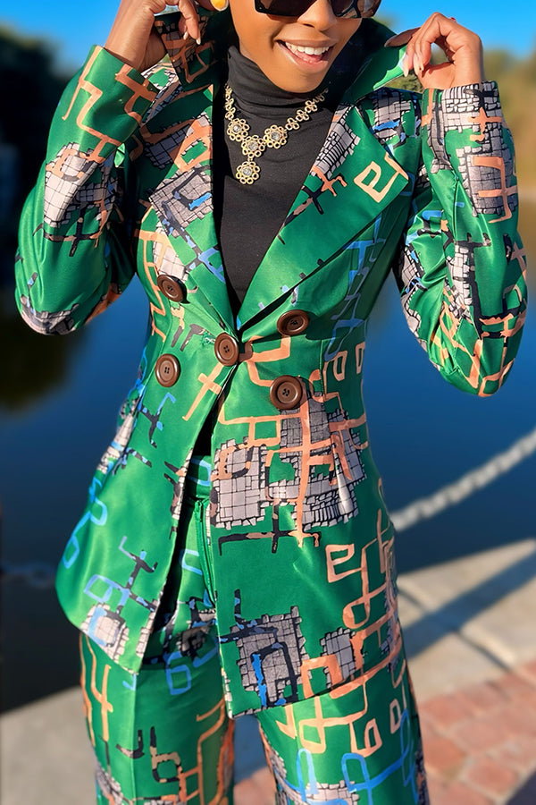 Fashionable Abstract Print Blazer Set