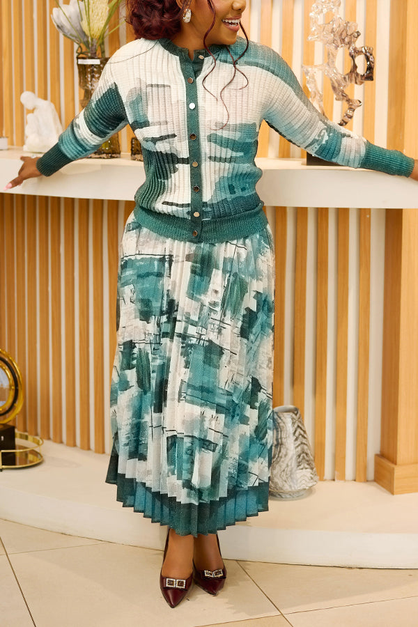 Stylish Watercolor Sweater & Pleated Skirt