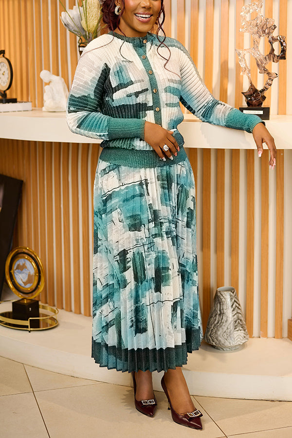 Stylish Watercolor Sweater & Pleated Skirt
