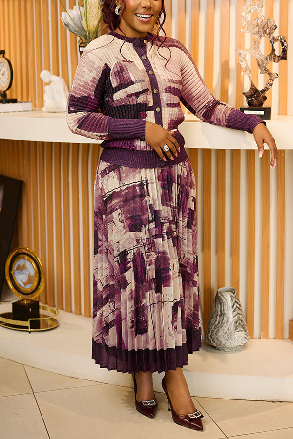 Stylish Watercolor Sweater & Pleated Skirt