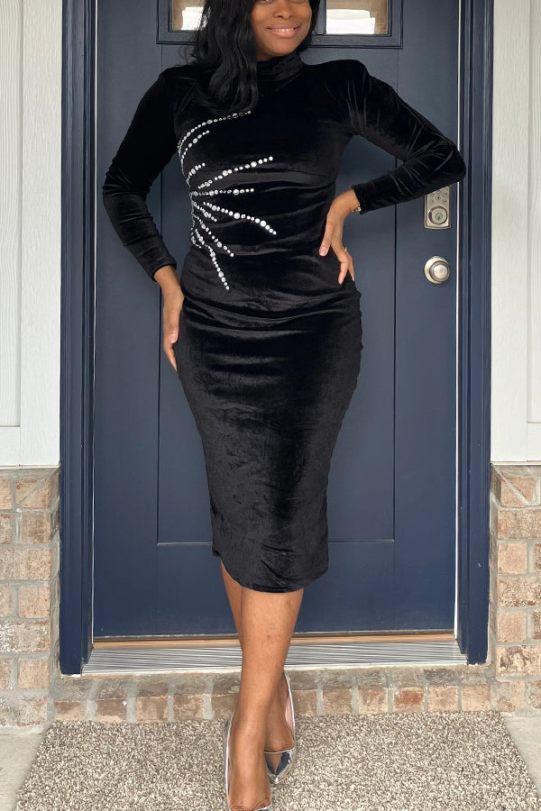 Elegant Rhinestone-Embellished Velvet Dress