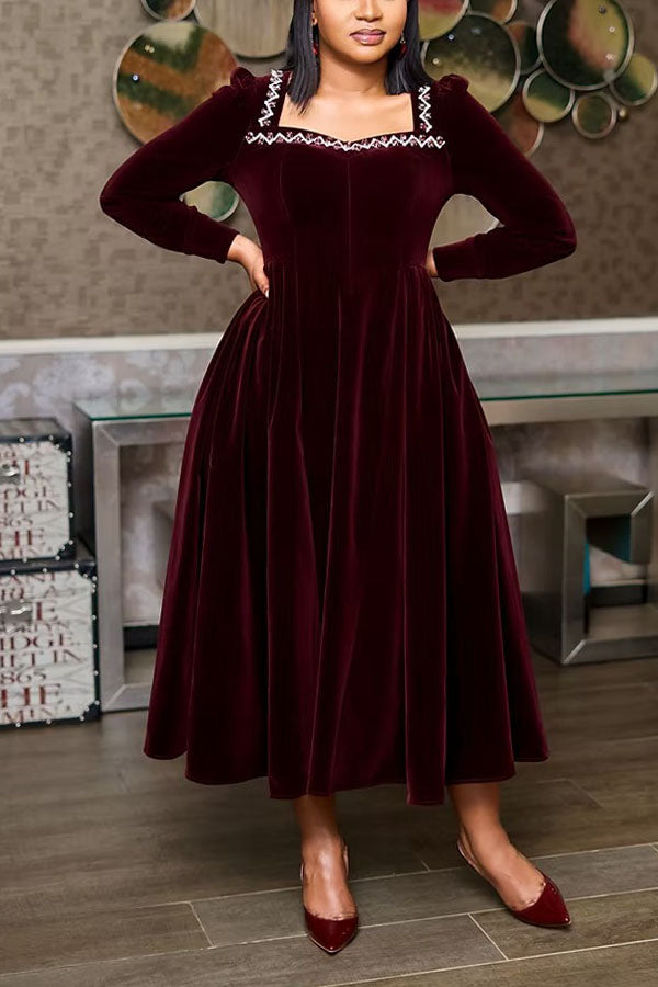 Elegant Waist Velvet A-Line Dress
