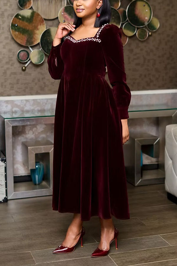 Elegant Waist Velvet A-Line Dress