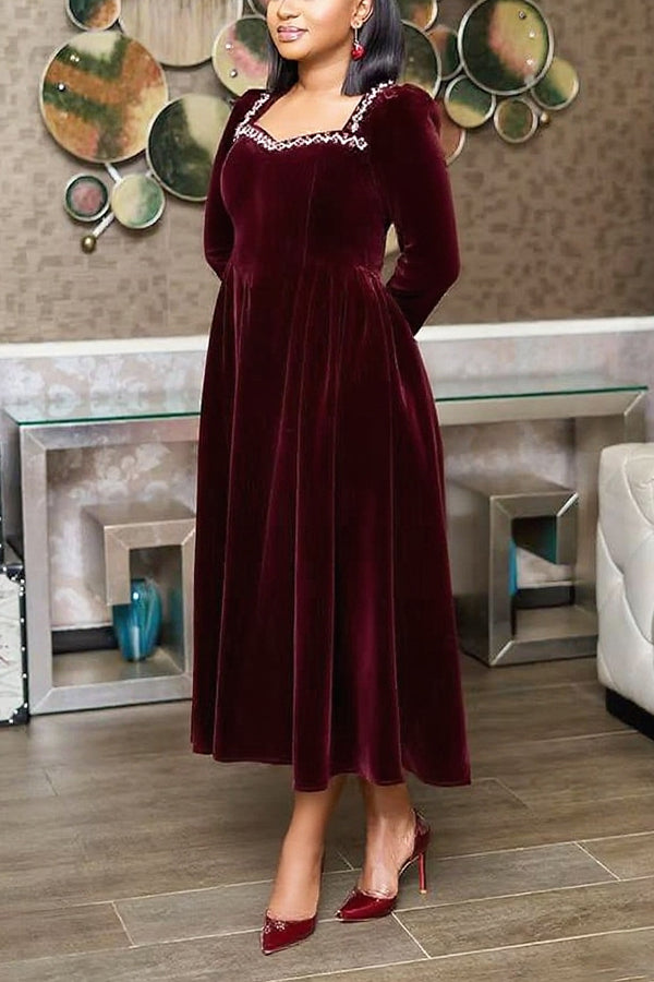 Elegant Waist Velvet A-Line Dress