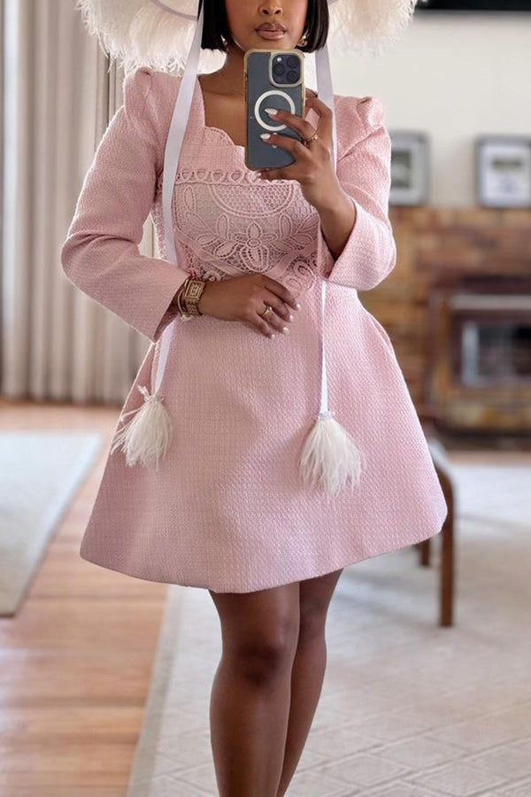 Elegant Lace Applique Tweed Dress