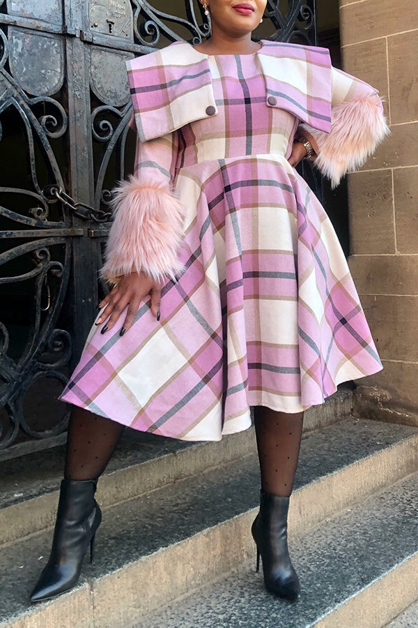 Stylish Plaid Fur Trim Dress