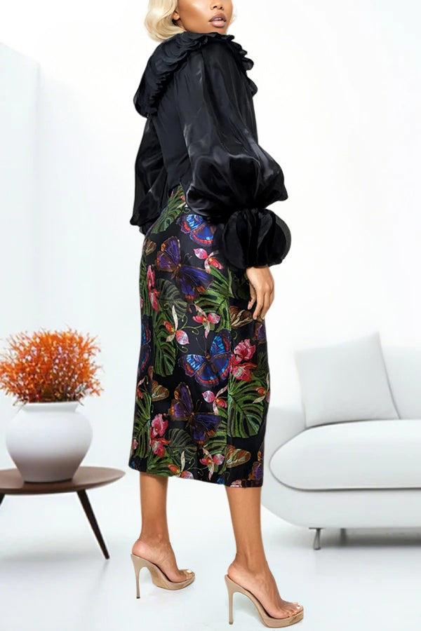 Elegant Ruffled Blouse & Butterfly Floral Pencil Skirt