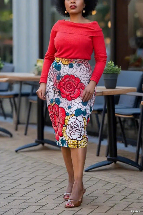 Elegant Knit Top & Floral Pencil Skirt