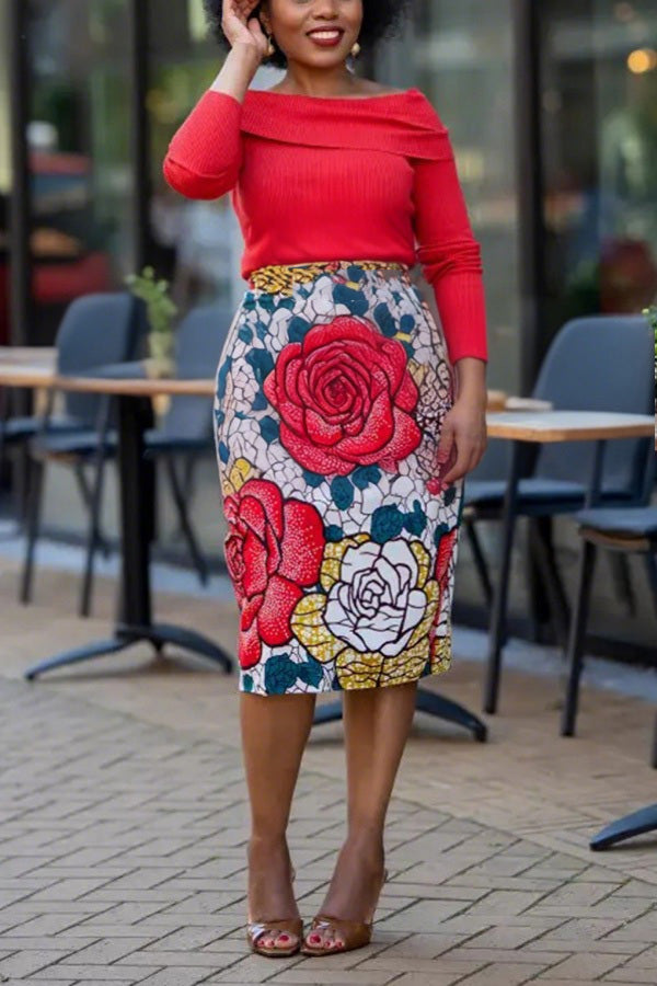 Elegant Knit Top & Floral Pencil Skirt