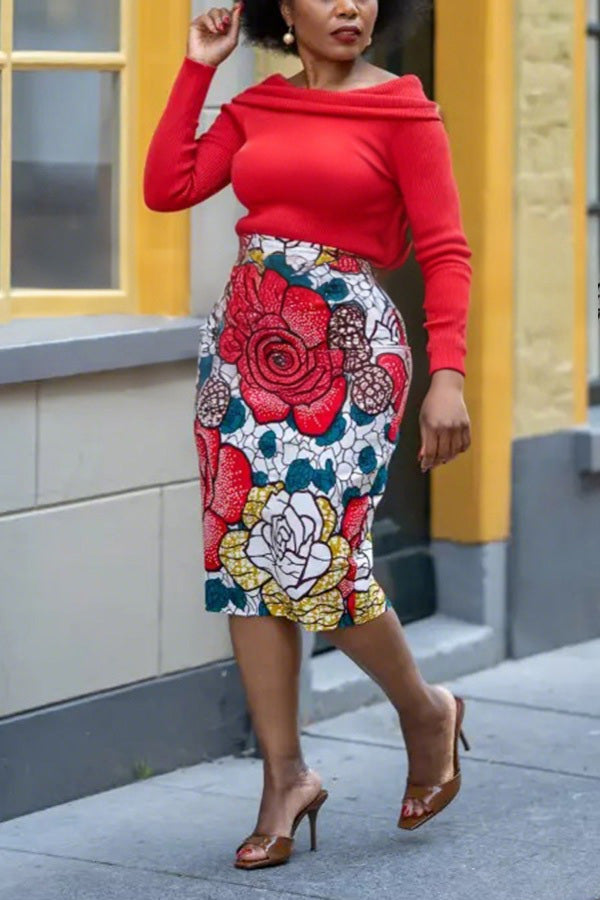 Elegant Knit Top & Floral Pencil Skirt