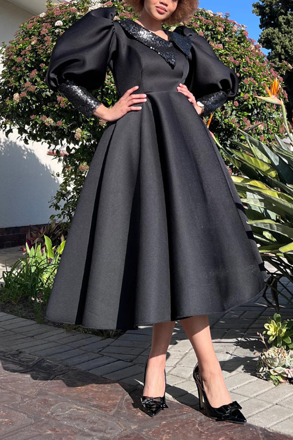 Exquisite Sequined Puff Sleeve Dress