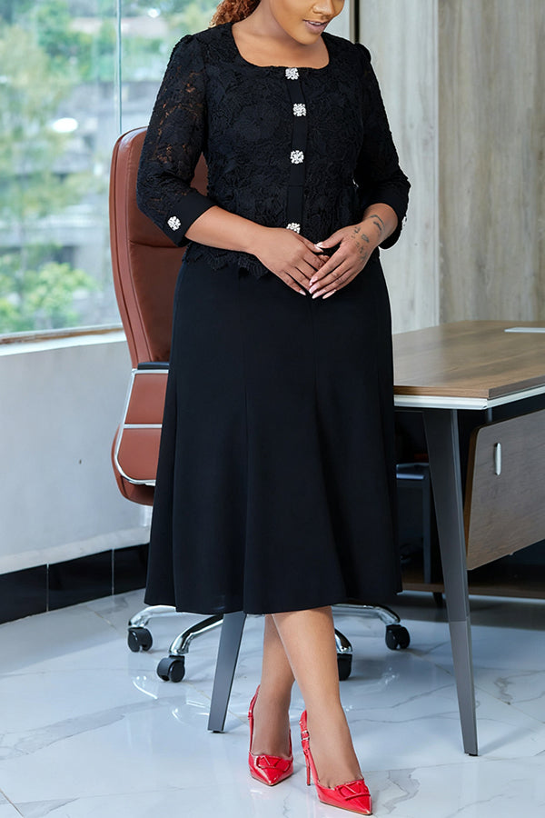 Elegant Lace Patchwork Midi Dress