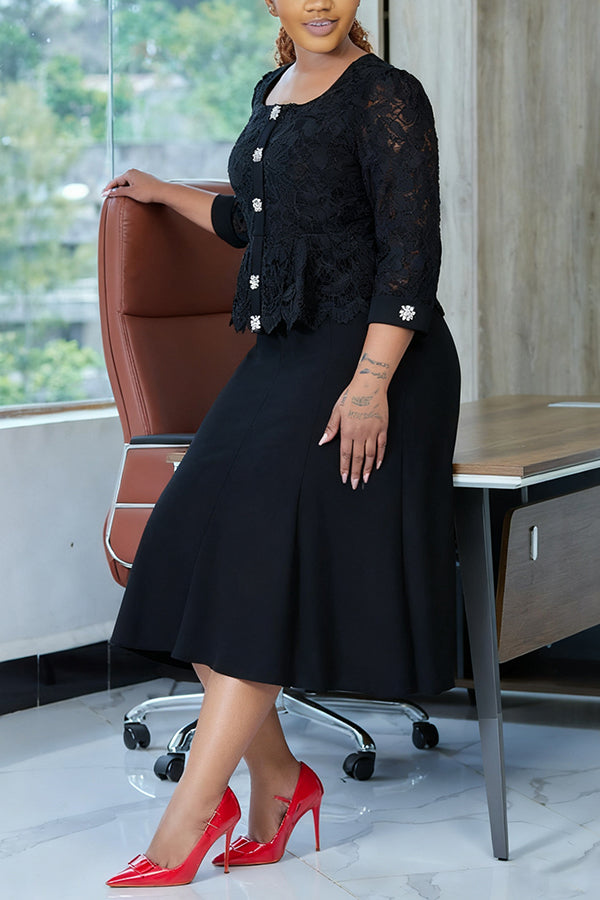 Elegant Lace Patchwork Midi Dress