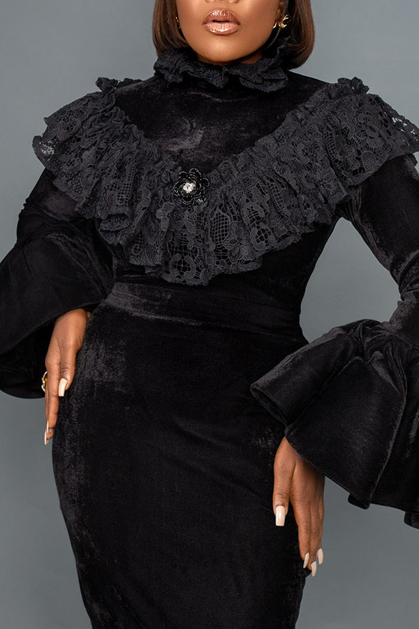 Elegant Lace Ruffled Bell Sleeve Velvet Dress