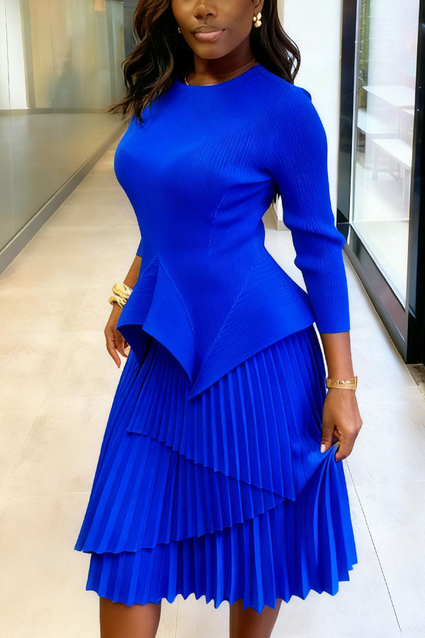 Glamorous Asymmetrical Top & Layered Pleated Skirt Set